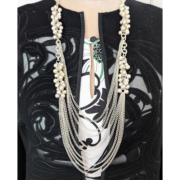 Cluster Beaded Festoon Bib Necklace Multi Strand Chain Silver Tone - Picture 1 of 4